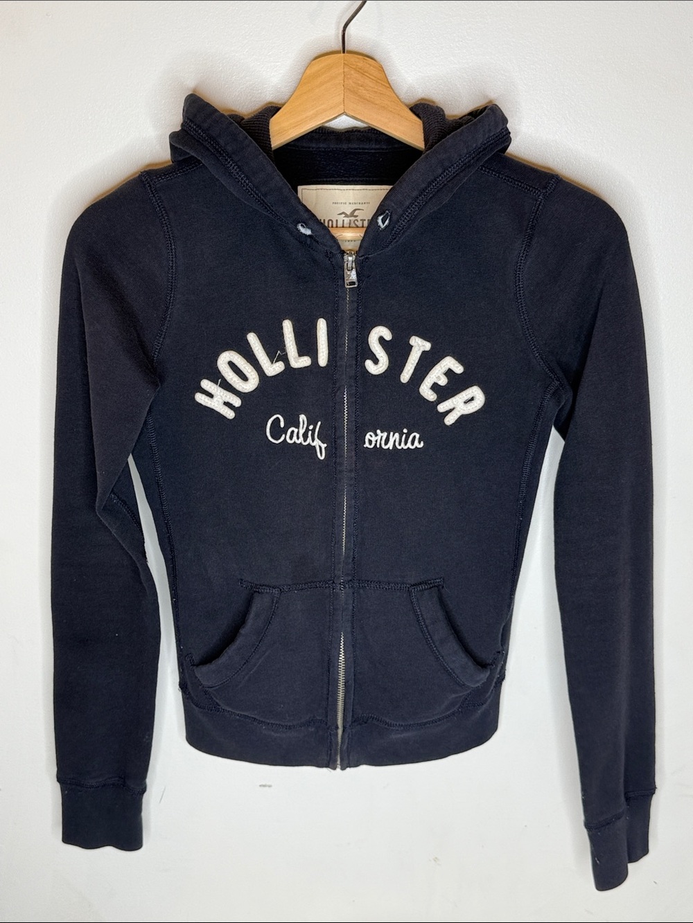 y2k Hollister Navy Full-Zip Hooded Sweatshirt with Embroidered Logo